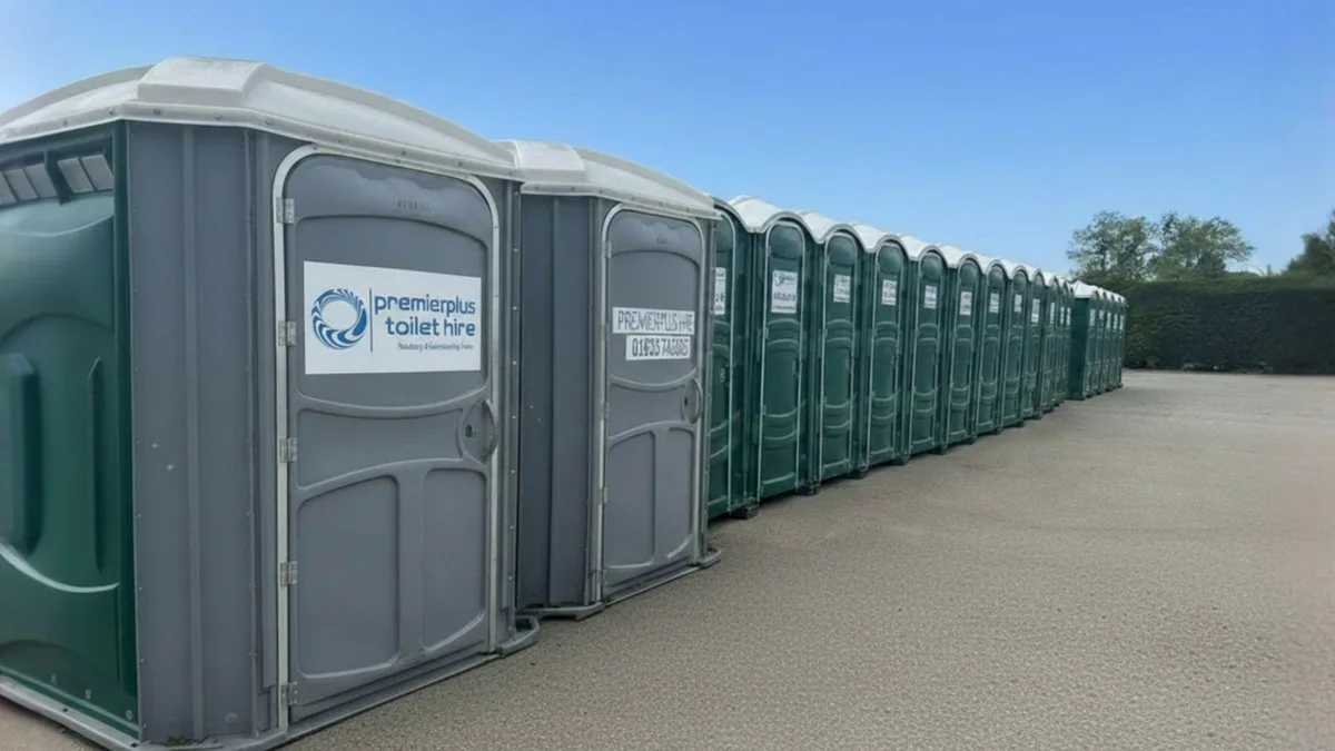 PremierPlus accessible portable toilet at the front of a row of portable toilets ready for delivery