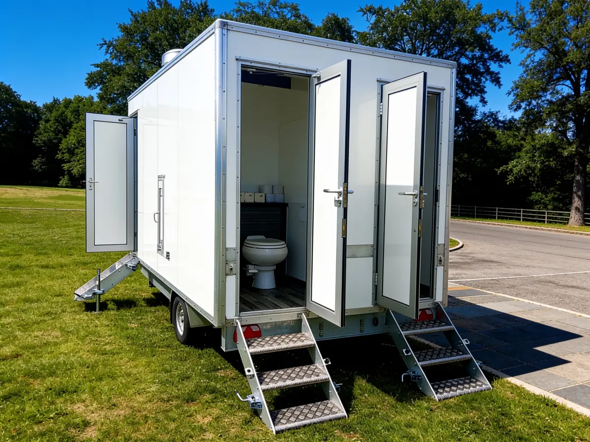 2+1 luxury toilet trailer with both doors open set up on grass at an outdoor venue