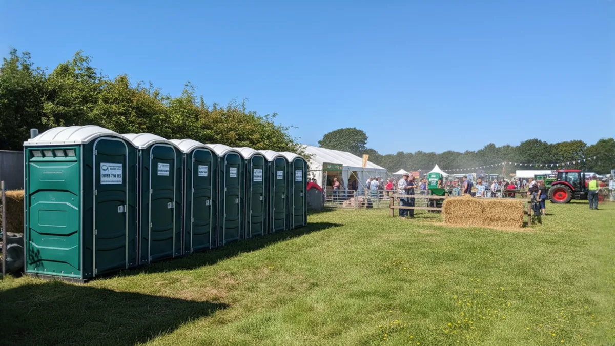 Row of PremierPlus portable toilets lined up at an outdoor event