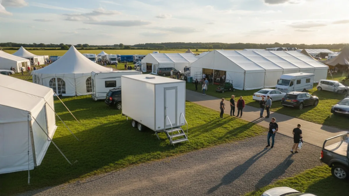 PremierPlus luxury toilet trailer beside marquees at a country estate event