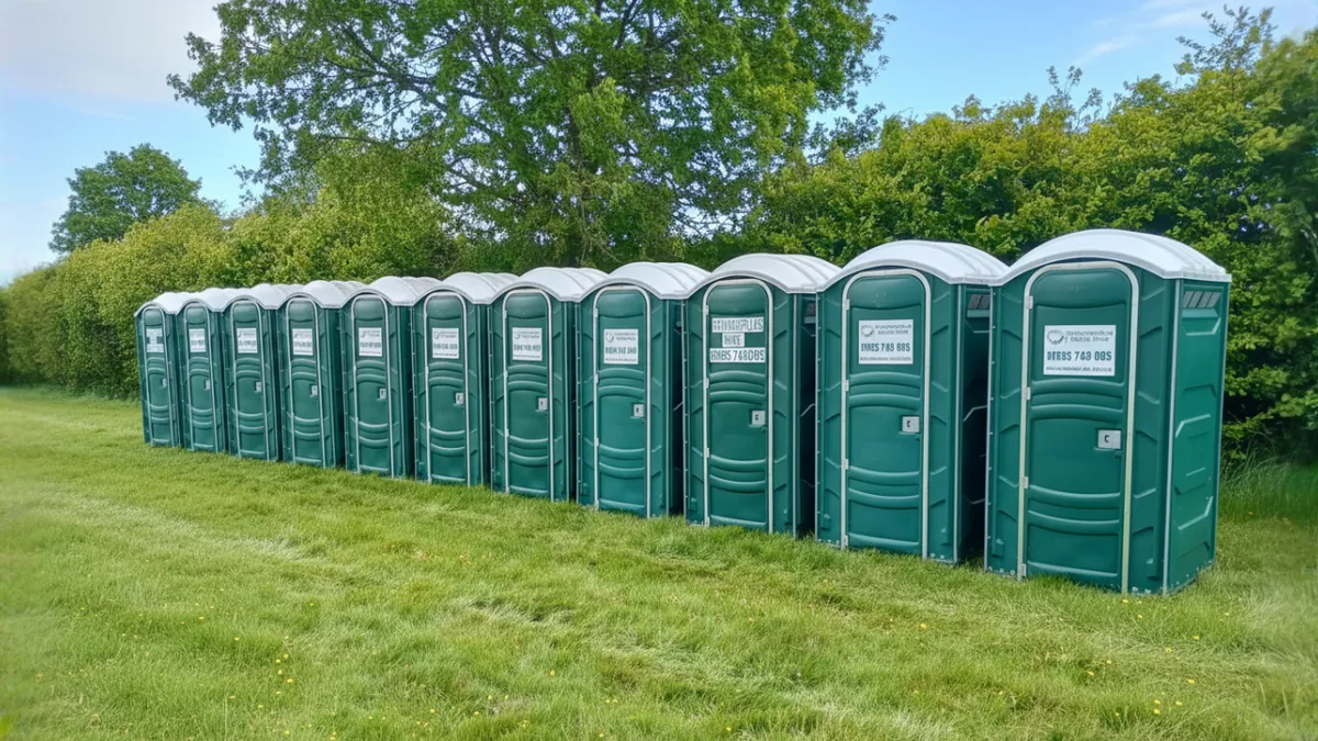 PremierPlus event-grade portable toilet hire units lined up on grass