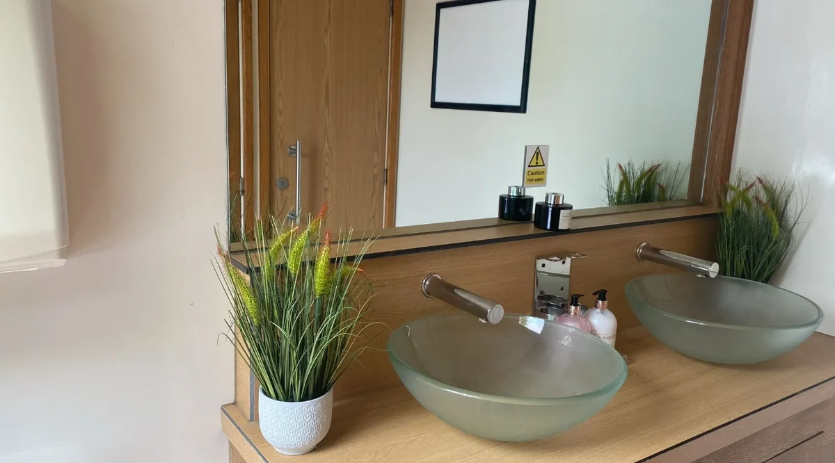 3+1 luxury trailer twin glass vanity basins with Zebrano wood finish and mirror