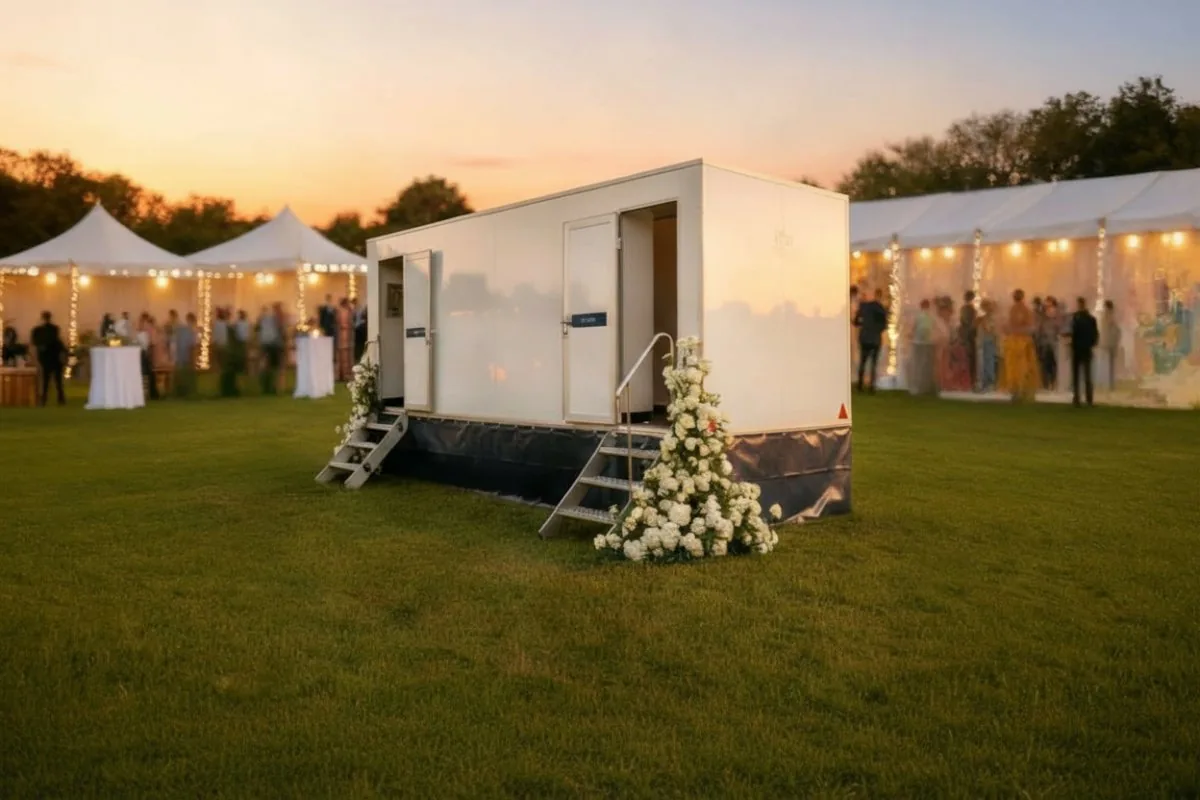3+1 luxury toilet trailer at a Berkshire marquee wedding with fairy lights